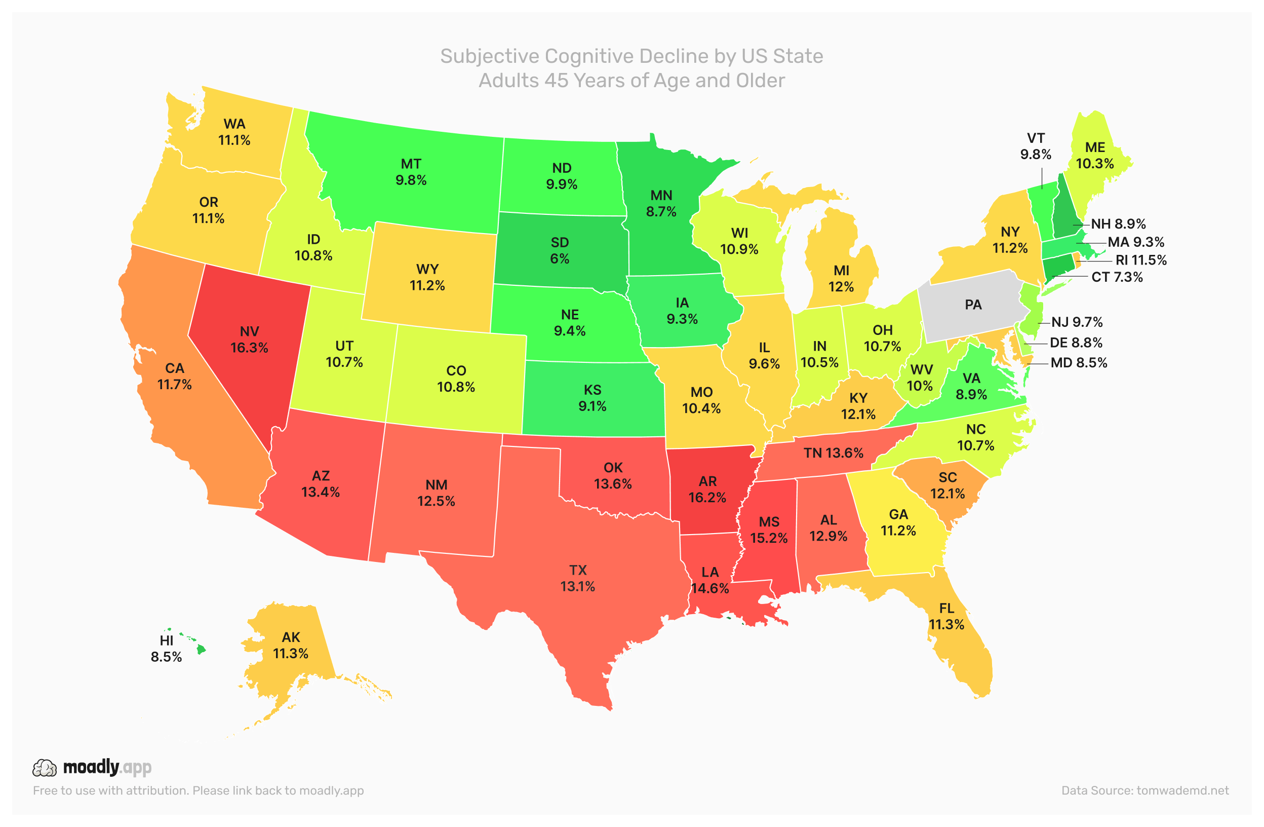 Subjective Cognitive Decline by U.S. State Adults 45+